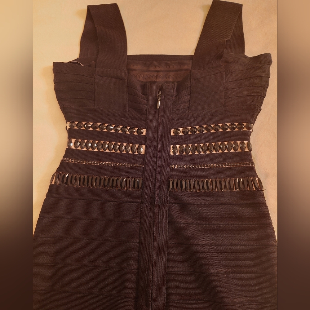 Black Beaded HERVE LEGER 'Ginta' Gown Bodycon Icon Bandage Dress XS Rare Maxi - Picture 10 of 15